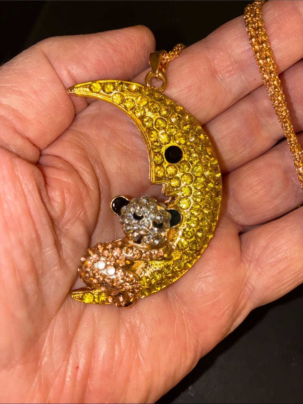 Moon & Bear Crystal Pendant Necklace - Yellow Gold. Baby Shower Gift?